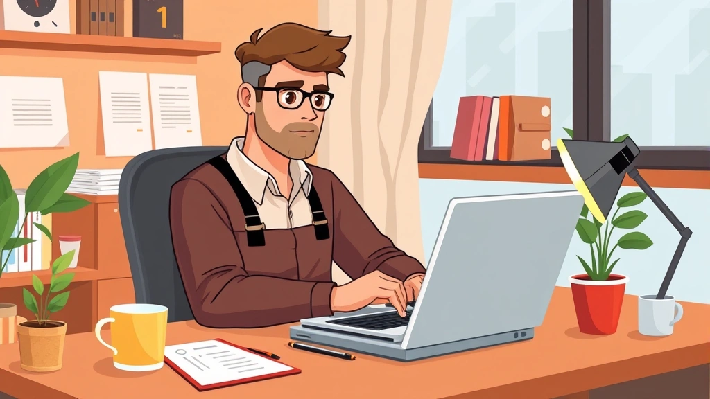 Professional contractor working at laptop at home office desk with coffee cup and notebook, cartoon style illustration with warm colors