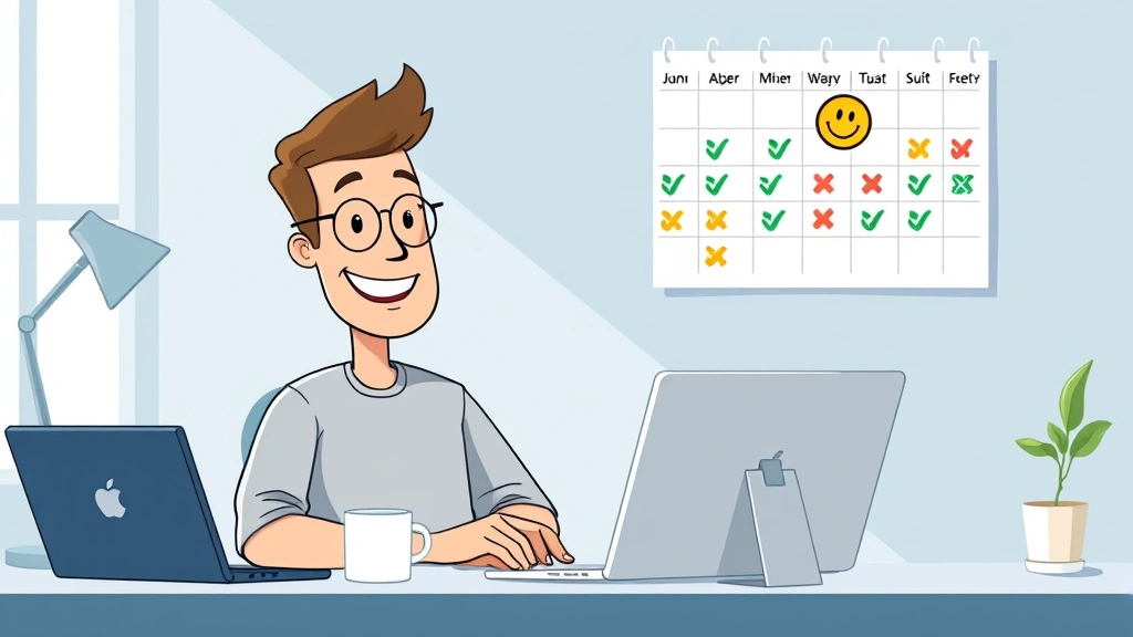Cartoon freelancer sitting at home desk with laptop, coffee cup, and calendar on wall showing flexible schedule with colorful checkmarks and smiley face, bright energetic style