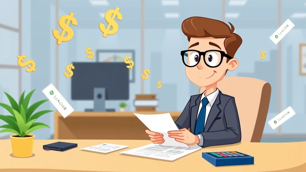Professional cartoon character sitting at desk with tax forms and calculator, surrounded by floating dollar signs and checkmarks, bright modern office background
