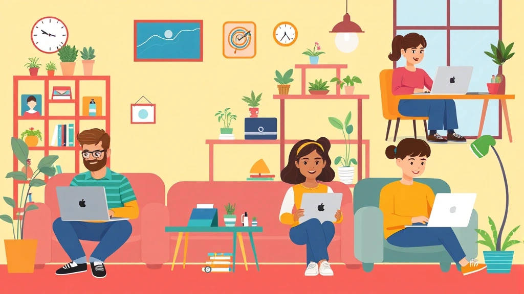 Cartoon illustration of diverse professionals working independently on laptops and tablets from different creative spaces, showing flexibility and autonomy of contractor lifestyle with bright colors