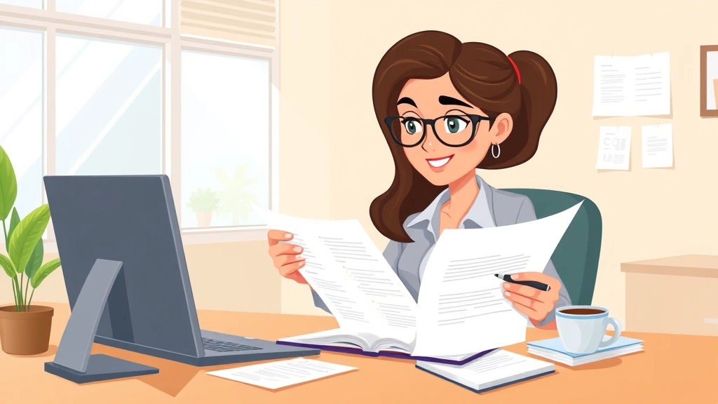 Professional woman sitting at desk reviewing contract documents with coffee cup nearby, cartoon style, bright workspace with laptop and paperwork, career-focused illustration