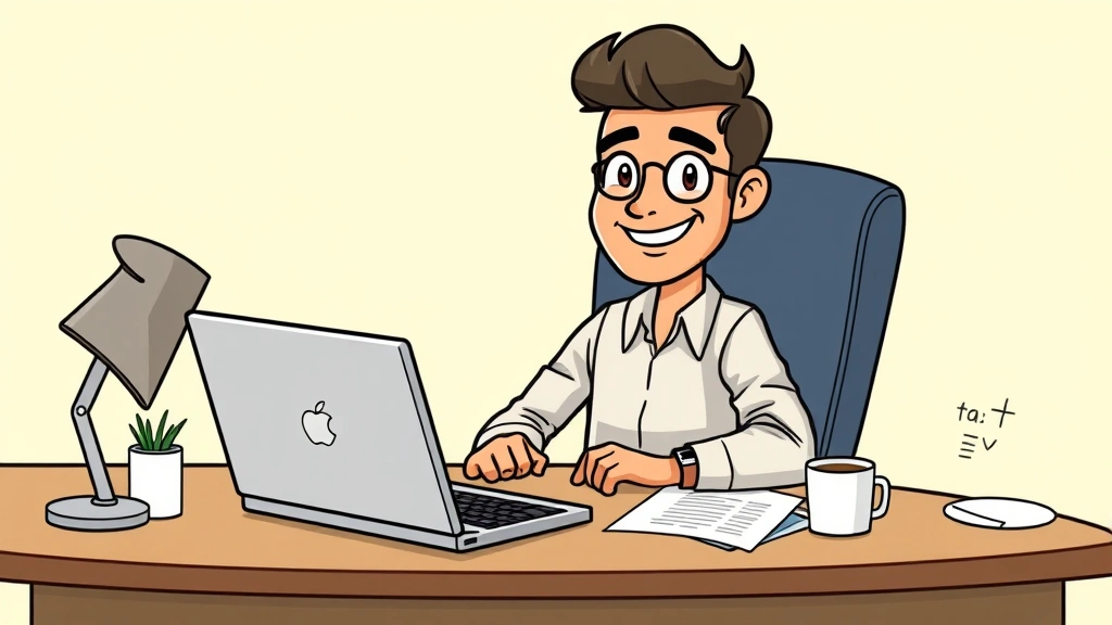 Cartoon freelancer sitting at desk with laptop, calculator, and tax documents, smiling confidently with coffee cup nearby