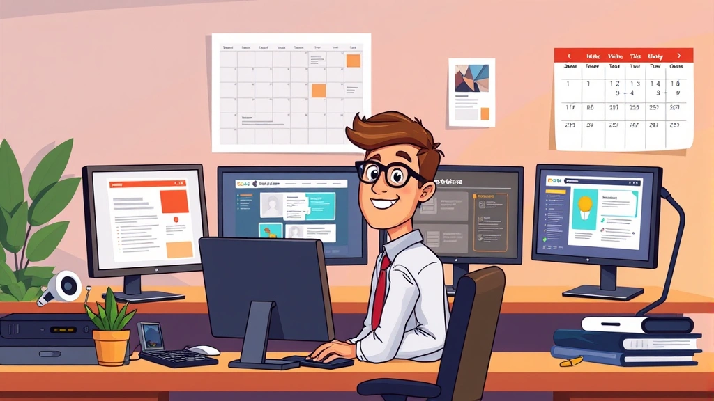 Cartoon professional sitting at desk with multiple computer screens showing different client projects, juggling tasks, calendar on wall, warm colors, modern workspace