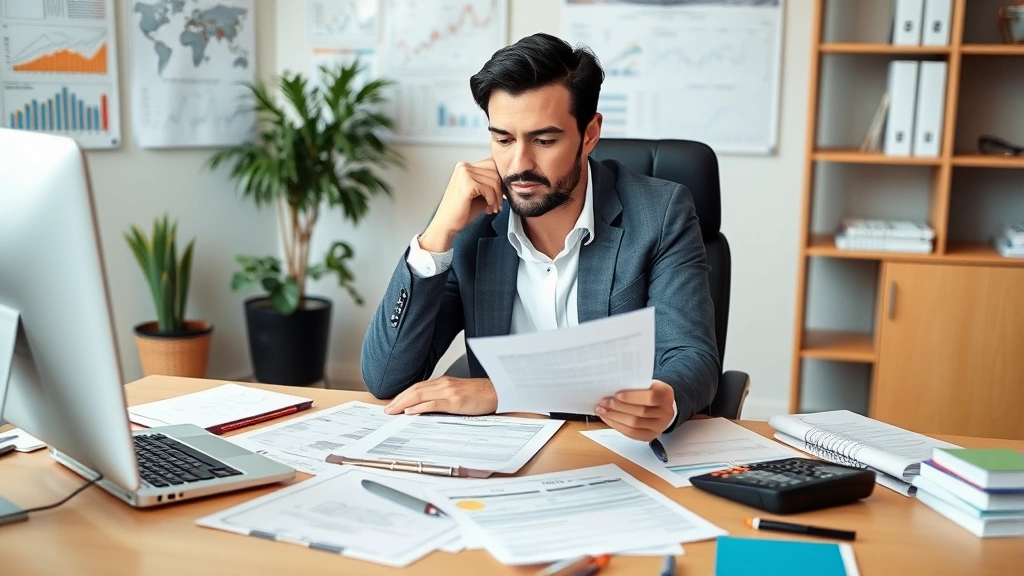 Professional person sitting at desk reviewing tax documents and calculator, papers spread out, thoughtful expression, modern office setting with charts on wall