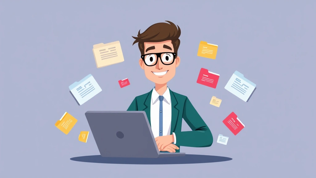 Cartoon professional confidently managing multiple projects on laptop with different colored client folders floating around, representing contractor flexibility and autonomy