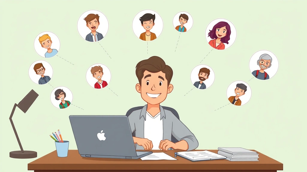 Cartoon freelancer sitting at laptop with multiple client profiles floating around, smiling confidently while reviewing contract documents on desk
