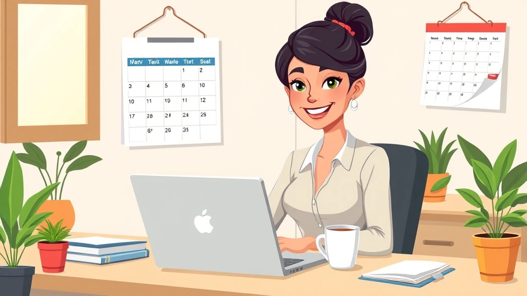 Cartoon professional woman sitting at desk with laptop, coffee cup, and calendar on wall showing flexible schedule, bright workspace with plants, cheerful expression
