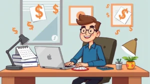 Cartoon freelancer sitting at desk with laptop, calendar, and calculator, surrounded by floating dollar signs and checkmarks, professional home office setting, upbeat mood