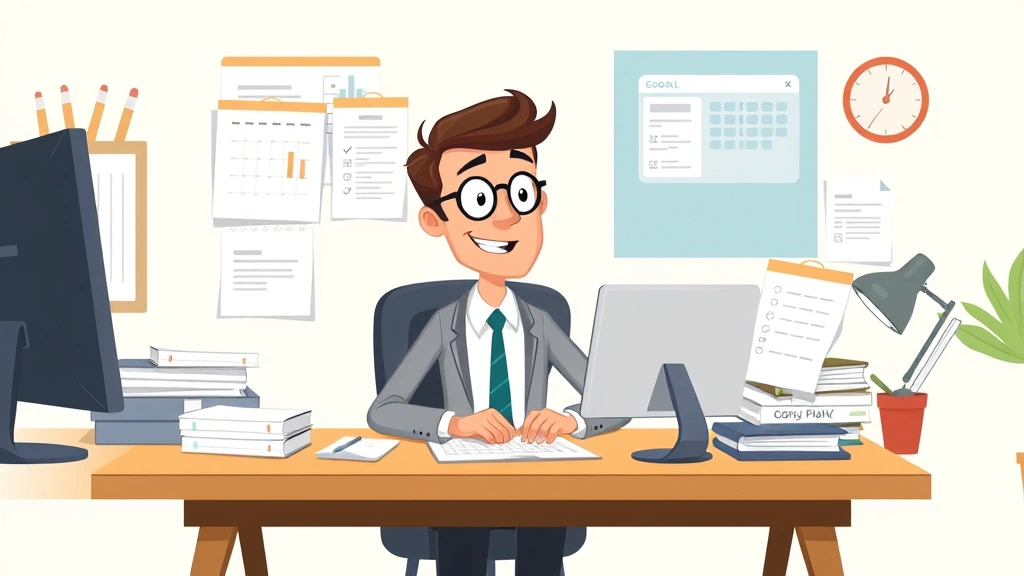 Cartoon professional sitting at desk with multiple project folders and calendar, confidently managing freelance work schedule and contracts