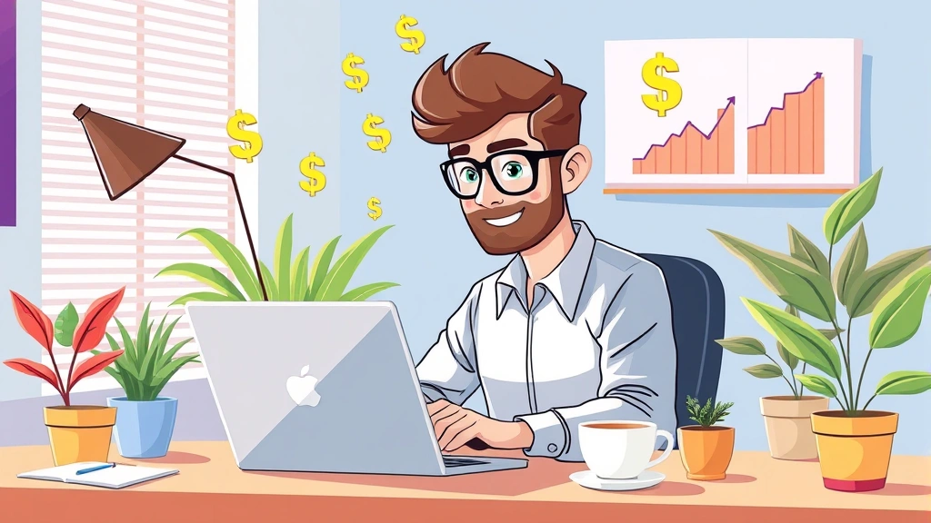 Cartoon professional contractor working independently at laptop with dollar signs and growth charts floating around, bright colorful workspace with plants and coffee cup