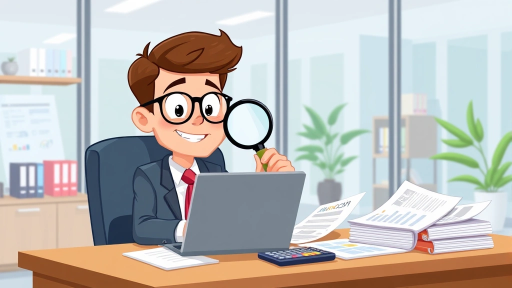 Professional cartoon character sitting at desk with laptop, papers, and calculator, analyzing financial documents with magnifying glass, modern office setting, bright colors, friendly expression