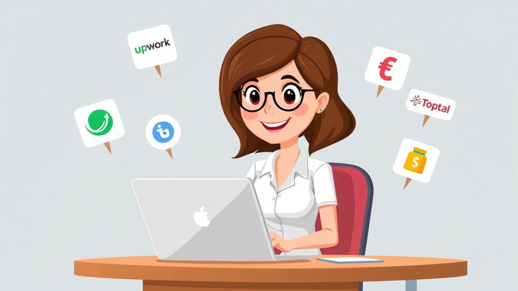 Cartoon professional woman sitting at desk with laptop, multiple floating icons showing freelance platforms (Upwork, Fiverr, Toptal logos), earning money symbols, colorful and energetic style