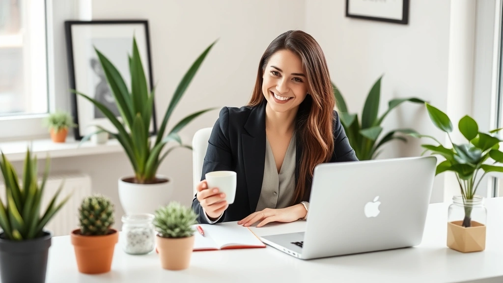 Professional woman freelancer working at laptop with coffee cup, sitting at home desk with plants, smiling confidently, modern minimalist workspace, natural lighting