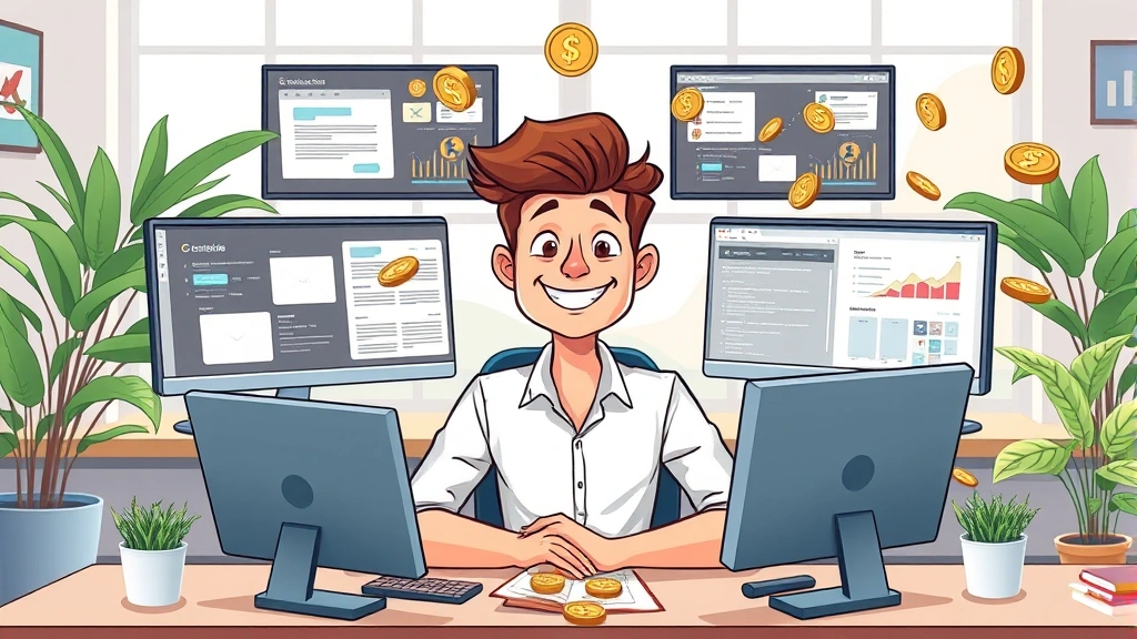 Cartoon illustration of a confident freelancer at a desk with multiple computer screens showing different client projects, diverse income streams visualized as flowing coins, bright professional office setting with plants and natural lighting