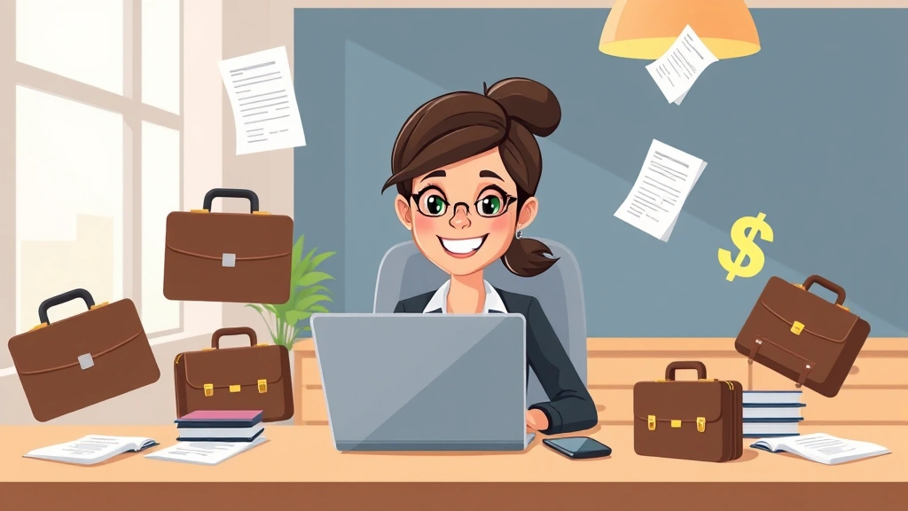 Cartoon professional woman sitting at desk with laptop surrounded by floating briefcases, dollar signs, and contract documents, smiling confidently at computer screen in bright office setting