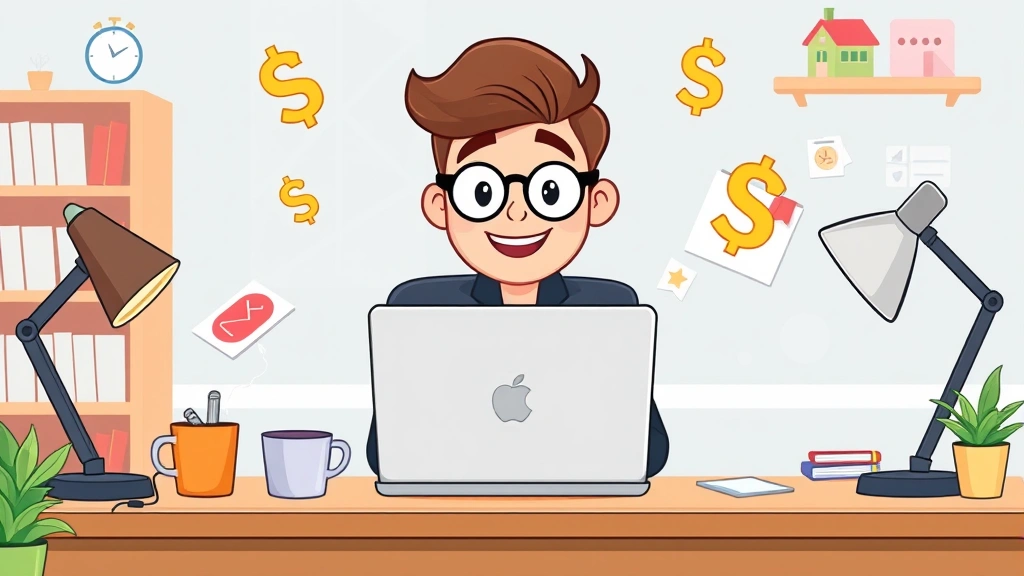 Cartoon freelancer at desk with laptop, coffee cup, calendar, and dollar signs floating around, bright professional workspace, happy expression, remote work setup