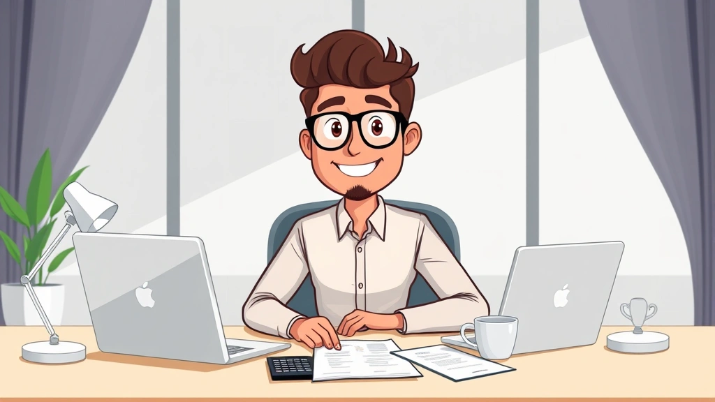 Cartoon professional freelancer sitting at modern desk with laptop, coffee cup, and business documents, smiling confidently with calculator and contract visible on desk