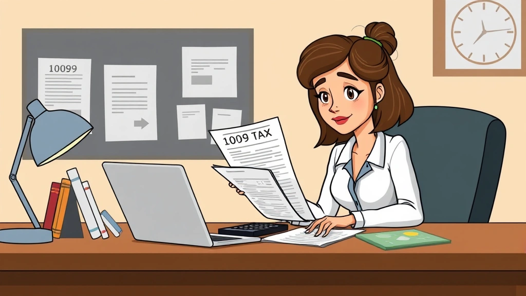 Professional woman at desk reviewing 1099 tax forms and financial documents with calculator and laptop, cartoon style illustration