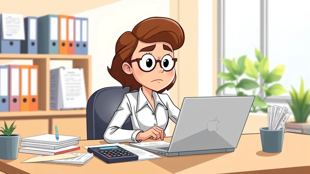 Cartoon professional sitting at desk with laptop, calculator, and tax documents, looking determined while organizing finances and business files, bright office setting with natural light