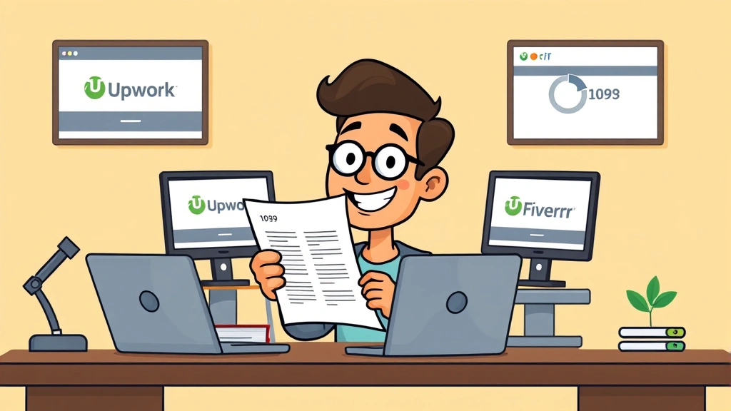Cartoon freelancer sitting at desk with multiple laptop screens showing job platforms like Upwork and Fiverr, smiling while reviewing 1099 contract documents