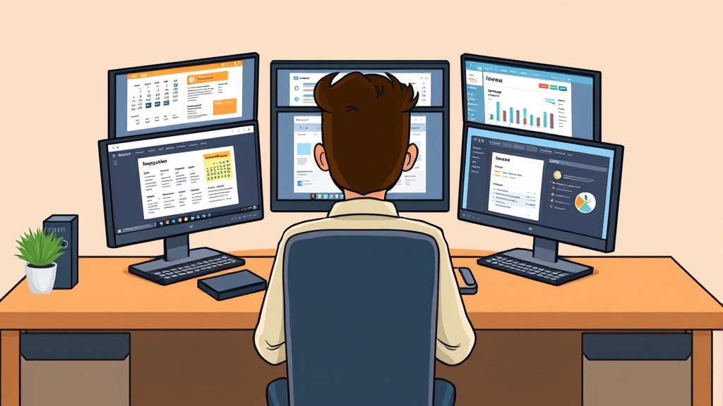 Cartoon illustration of a professional sitting at a desk with multiple computer screens showing different client projects, calendar, and invoicing software, representing contractor independence and multitasking