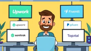 Cartoon professional sitting at desk with multiple computer screens showing different freelance platform logos (Upwork, Fiverr, Toptal), bright colorful workspace, happy expression, modern minimalist office