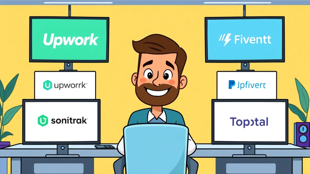 Cartoon professional sitting at desk with multiple computer screens showing different freelance platform logos (Upwork, Fiverr, Toptal), bright colorful workspace, happy expression, modern minimalist office
