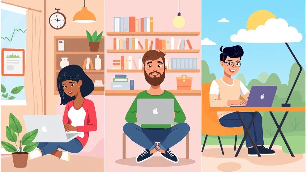 Cartoon illustration of diverse professionals working remotely from different locations—laptop at home, coffee shop, outdoor workspace—showing flexibility and independence of 1099 contractor lifestyle with bright colors and positive energy