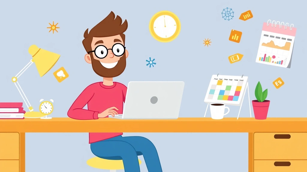 Cartoon freelancer sitting at desk with laptop, coffee cup, and calendar showing flexible schedule, smiling confidently with colorful productivity tools floating around