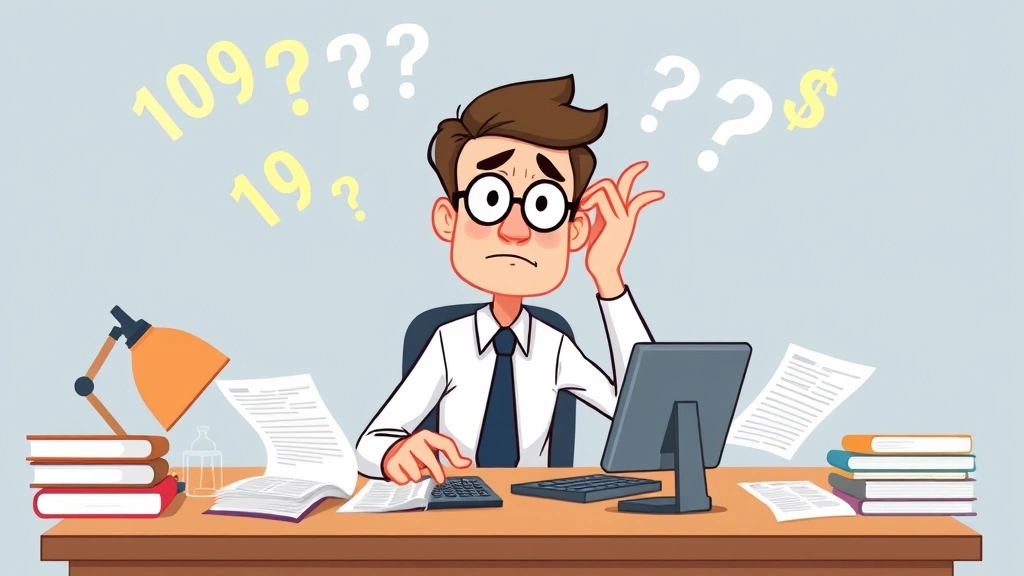 Cartoon professional at desk with calculator, tax documents, and money symbols floating around, showing confusion about 1099 taxes and self-employment calculations
