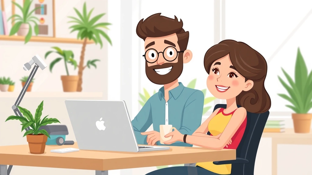 Cartoon professional freelancer working on laptop at home desk with coffee cup, smiling with relaxed expression, bright modern office setup with plants