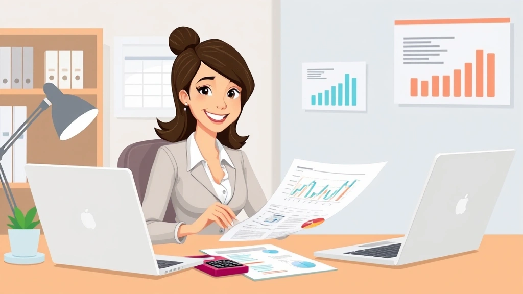 Professional woman reviewing tax documents and financial spreadsheets at desk with calculator and laptop, cartoon style, cheerful expression analyzing numbers