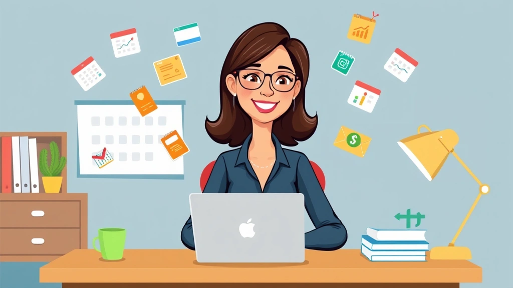 Cartoon professional woman sitting at desk with laptop, smiling confidently while juggling colorful project files and calendar icons floating around her, representing independent contractor flexibility and diverse workload management