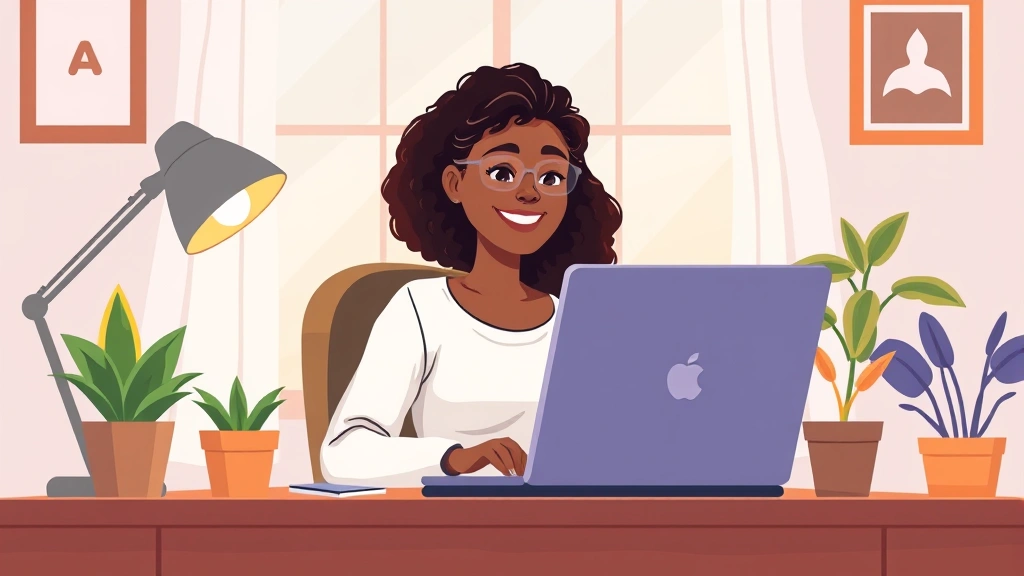 Cartoon illustration of a diverse freelancer working on laptop at home desk with coffee cup, plants, and happy expression, professional workspace setup, warm colors
