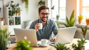 Professional contractor working at laptop in home office with coffee cup, smiling and confident, surrounded by plants and modern desk setup, warm lighting