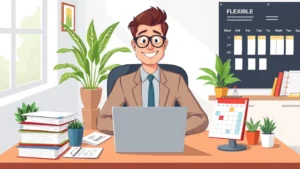 Cartoon illustration of a confident professional working at a desk with multiple project files, laptop, and calendar showing flexible schedule, bright office environment with plants