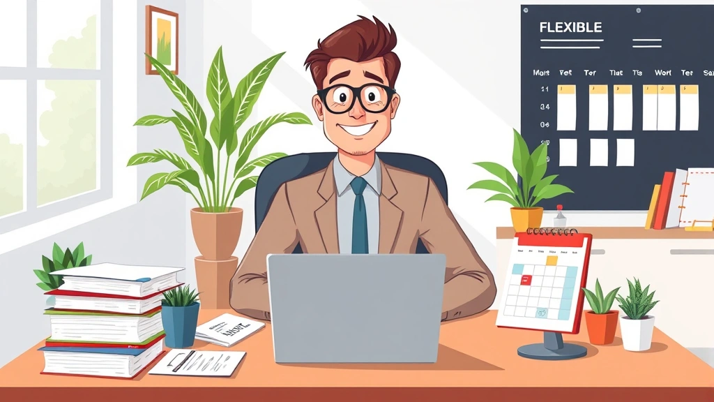 Cartoon illustration of a confident professional working at a desk with multiple project files, laptop, and calendar showing flexible schedule, bright office environment with plants