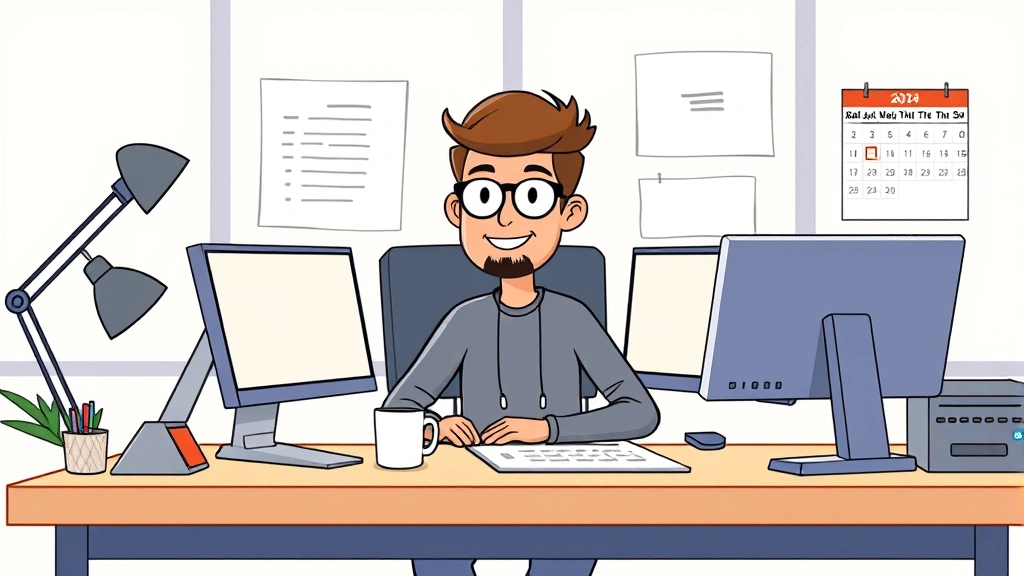 Cartoon illustration of a freelancer sitting at a desk with multiple computer monitors, coffee cup, and a calendar showing flexible working hours, bright and professional atmosphere