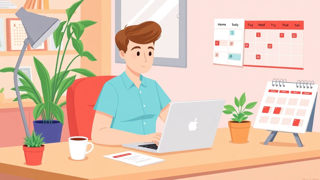 Cartoon illustration of a freelancer working on laptop at a desk with coffee cup, plants, and a calendar showing flexible schedule, bright professional setting