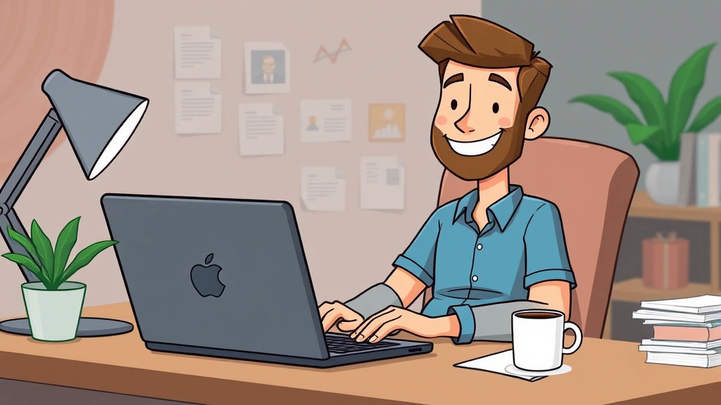 Cartoon freelancer sitting at desk with laptop, coffee cup, multiple project files visible, happy expression, working from home office environment