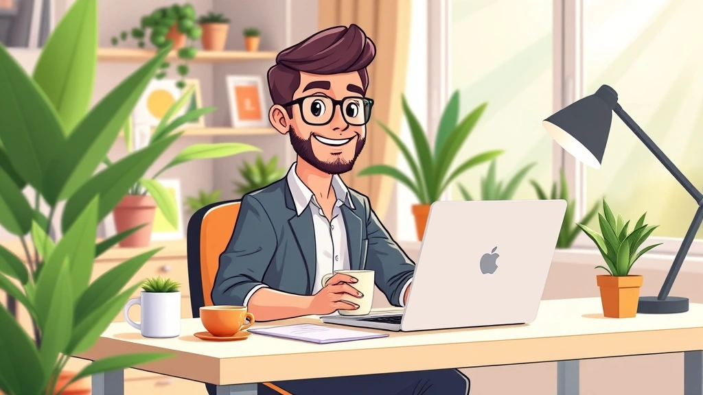 Cartoon freelancer sitting at laptop at home desk with coffee cup, smiling and confident, colorful modern workspace with plants and natural lighting, professional casual attire