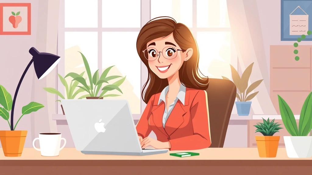 Cartoon professional woman working on laptop at home desk with coffee cup, sunlight through window, happy expression, colorful workspace with plants