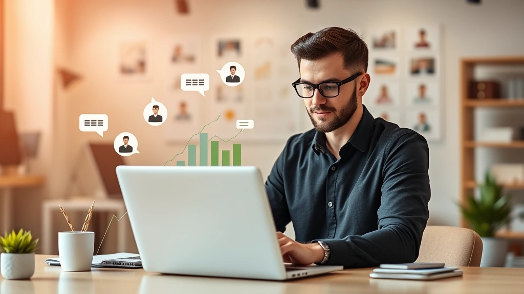 Professional freelancer working at laptop with multiple income streams flowing, charts showing growth, diverse clients in background, modern office setting