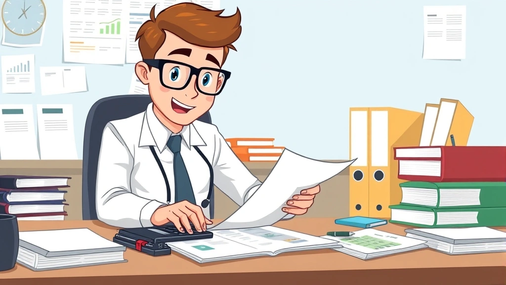 Professional accountant reviewing financial documents and calculator on desk, organized files and folders, professional office environment, cartoon illustration style