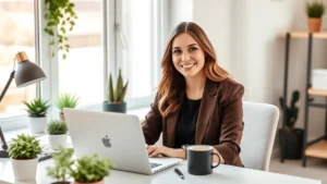 Professional woman sitting at home desk with laptop, coffee cup, and plants, smiling confidently while working on contract project, modern minimalist workspace, warm natural lighting