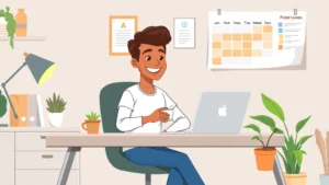 Cartoon illustration of a happy freelancer working at a modern desk with laptop, coffee cup, and plant. Diverse professional in casual home office setting with organized workspace and calendar on wall showing project deadlines