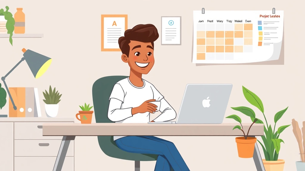 Cartoon illustration of a happy freelancer working at a modern desk with laptop, coffee cup, and plant. Diverse professional in casual home office setting with organized workspace and calendar on wall showing project deadlines