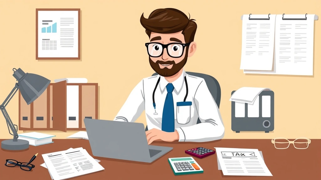 Professional contractor working at desk with laptop, calculator, and tax documents spread out, cartoon style illustration showing organized workspace