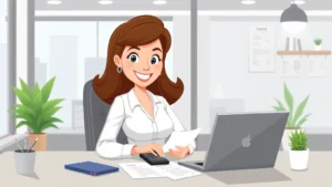 Cartoon professional woman at modern desk with laptop, calculator, and invoices, smiling confidently while managing finances and business documents
