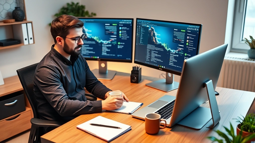Professional independent contractor sitting at modern home office desk with dual monitors, laptop, notepad, coffee mug, and professional workspace, focused and productive